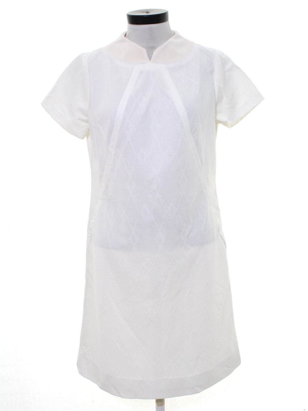 Vintage 70s Lady Carol White Textured Knit Shift Dress Nurse Women's Large